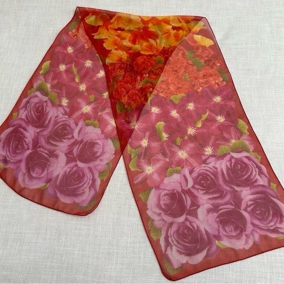 •Anne Klein Silk Chiffon Floral Signed Scarf 15”x60” - Picture 4 of 8